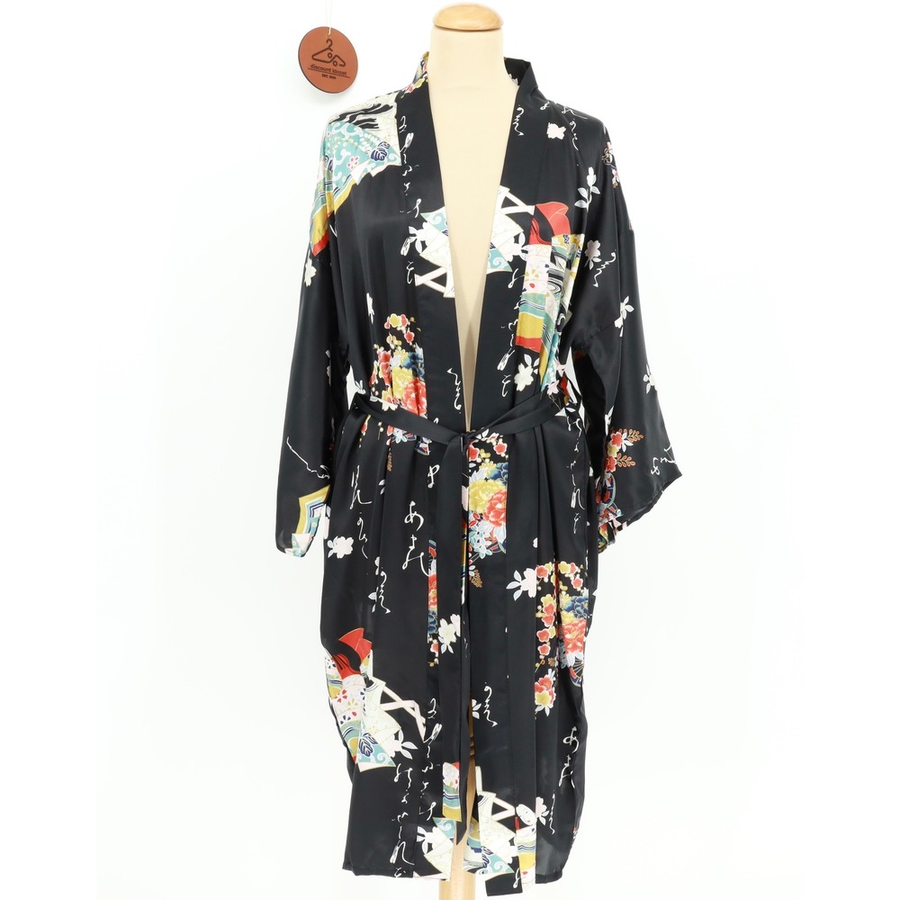 Ichiban Black 100% Silk Kimono Robe Geisha Floral Print Made in Japan Size 42